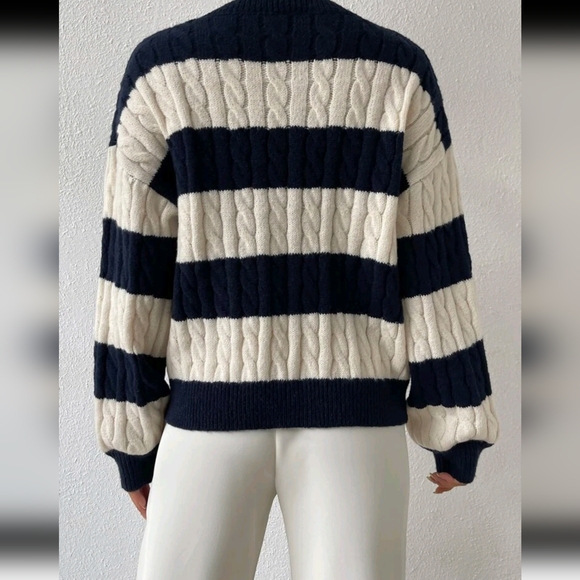 Two Tone Cable Knit Drop Shoulder Sweater - Picture 3 of 6